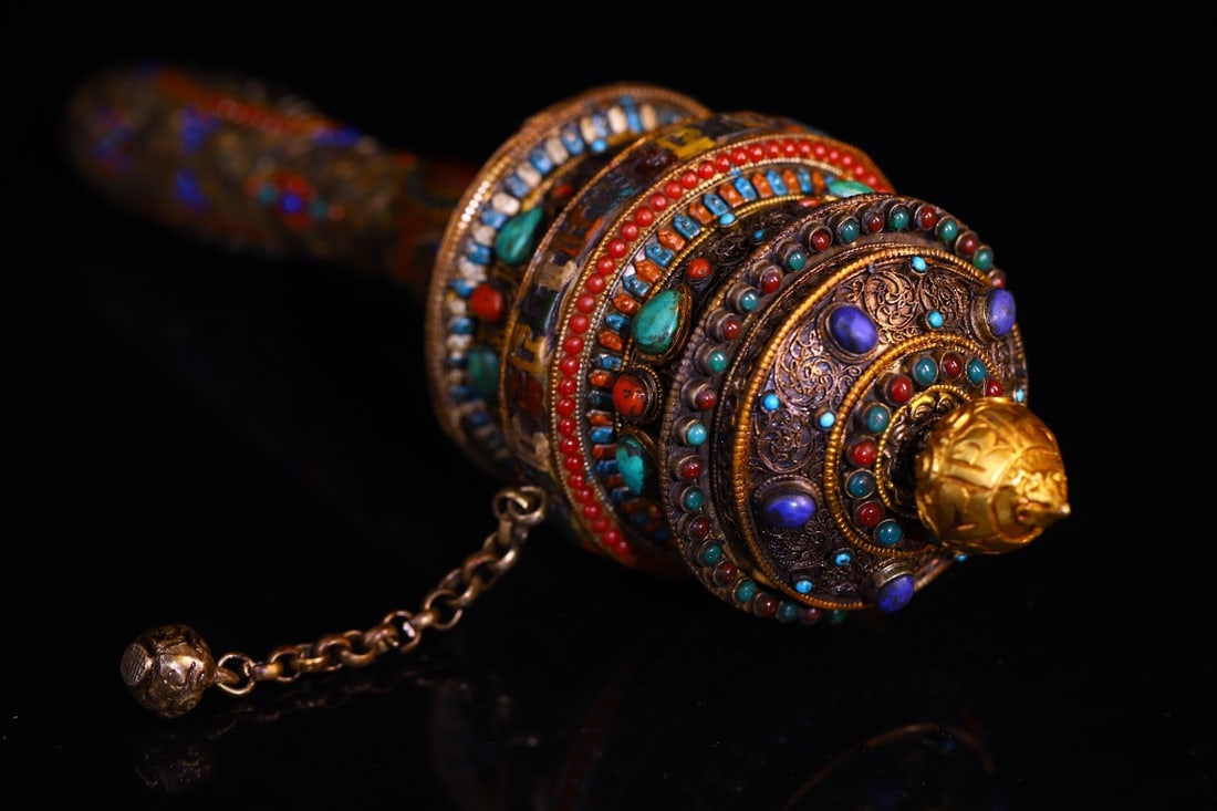 A Exquisite Gilt Silver Cloisonne Inlaid Gems Prayer Wheel - 2