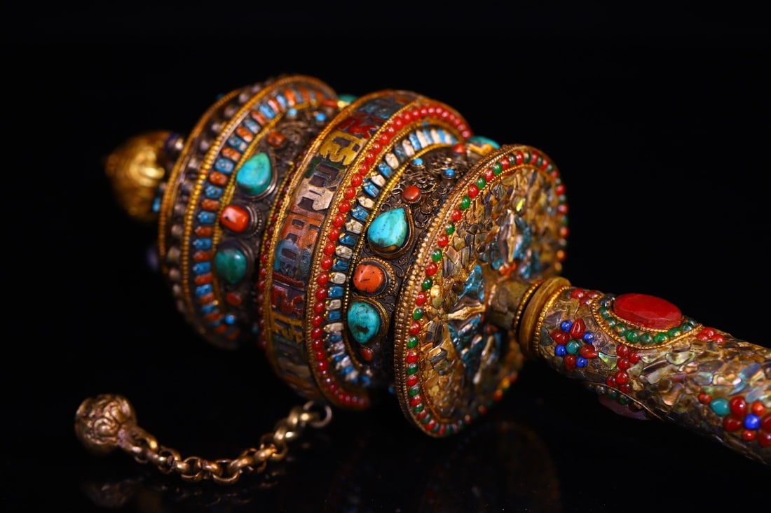 A Exquisite Gilt Silver Cloisonne Inlaid Gems Prayer Wheel - 4