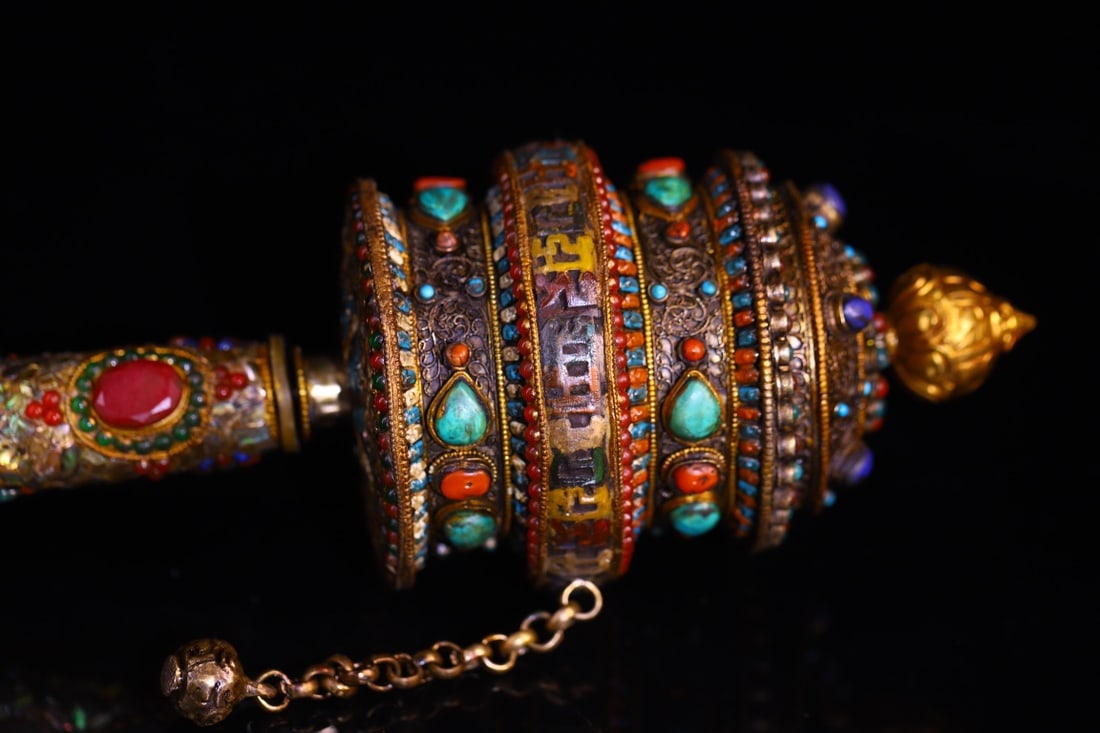 A Exquisite Gilt Silver Cloisonne Inlaid Gems Prayer Wheel - 5