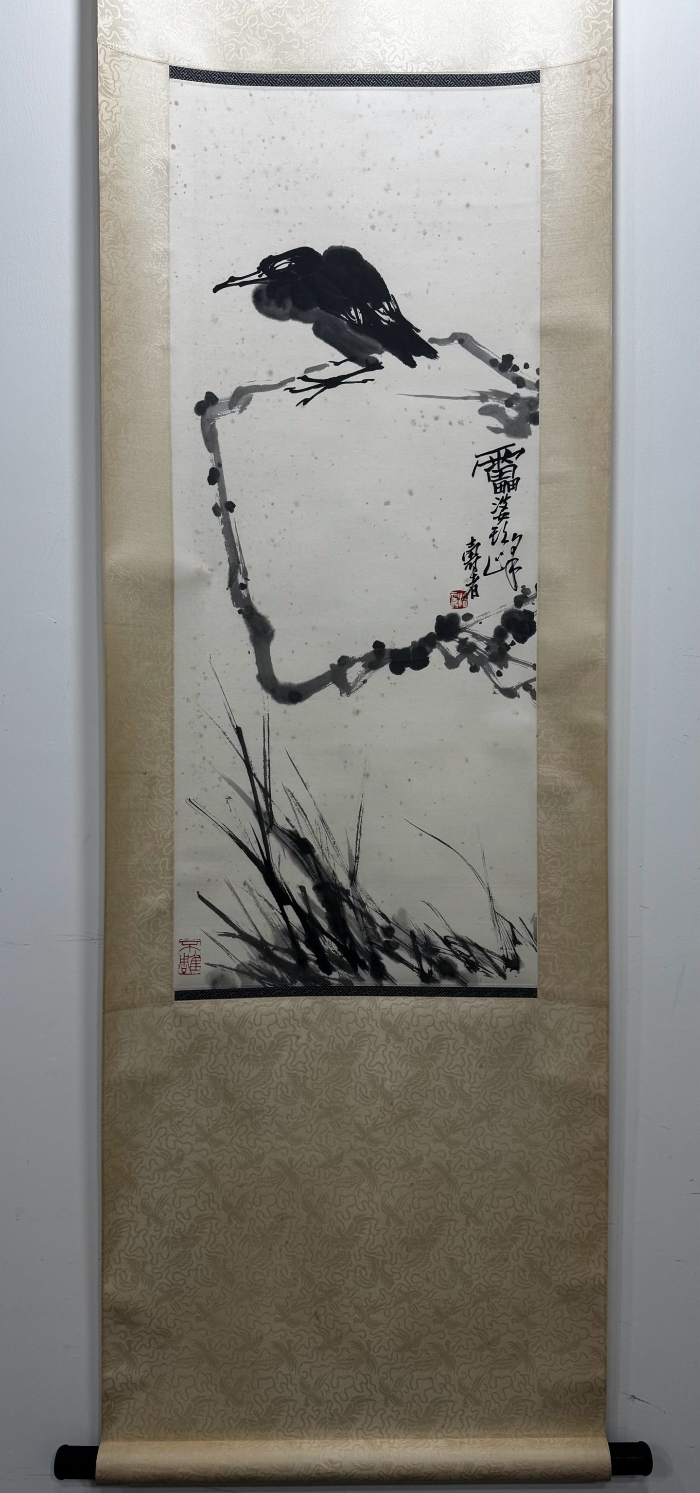 A Chinese Vertical Scroll Ink Painting of Flower and Bird on Paper: A Chinese Vertical Scroll Ink Painting of Flower and Bird on Paper,Modern Time of China,Pan Tianshou,without frame size:37.4inx15.4in