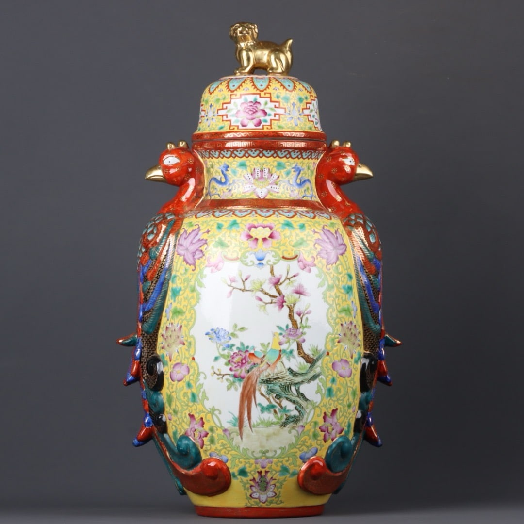A Exquisite Enamel Gilt Flower and Bird Pattern Phoenix-Ears Jar: A Exquisite Enamel Gilt Flower and Bird Pattern Phoenix-Ears Jar,Qing Dynasty, China,Qianlong Four-character Mark,Size:22.8inx13.4in 珐琅彩鎏金花鸟纹