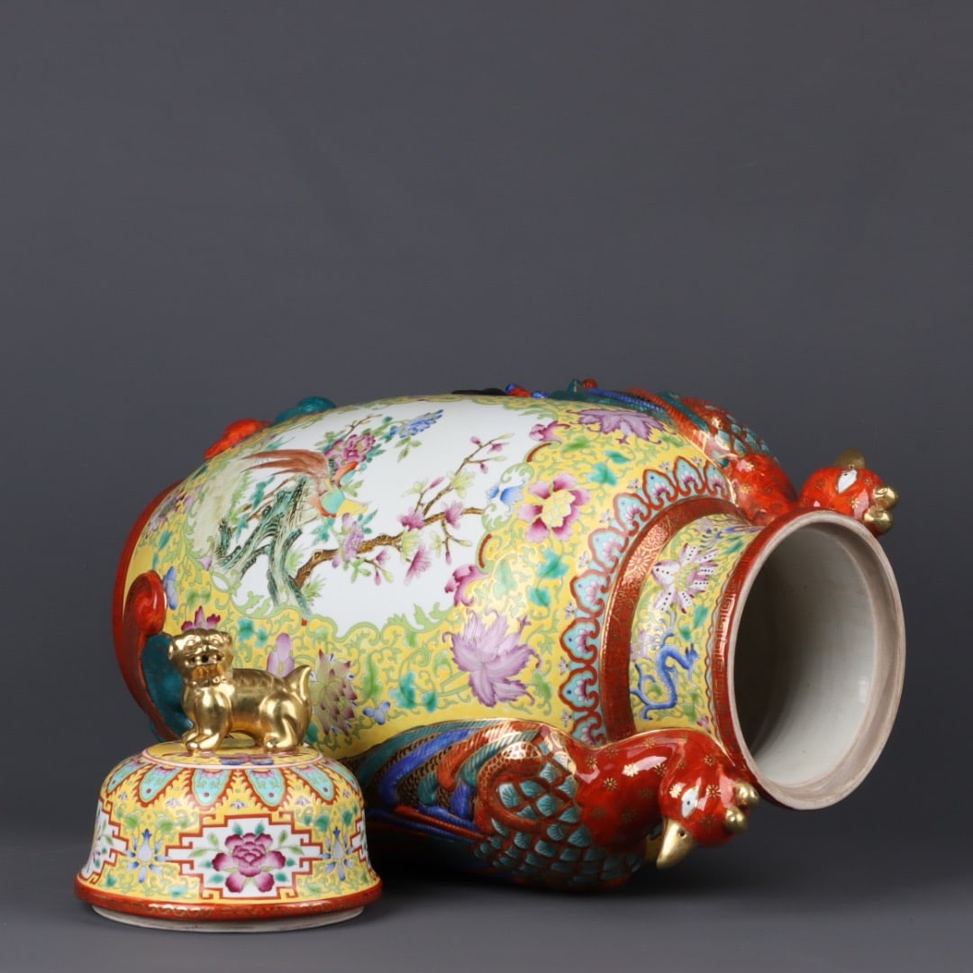 A Exquisite Enamel Gilt Flower and Bird Pattern Phoenix-Ears Jar - 7