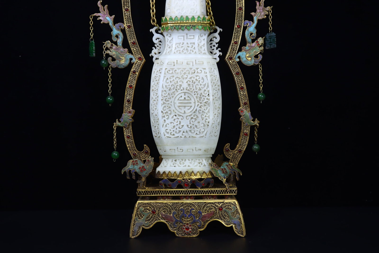 A Exquisite Hotan Jade Cloisonne Interlocking Branch Pattern Chain Vase - 7