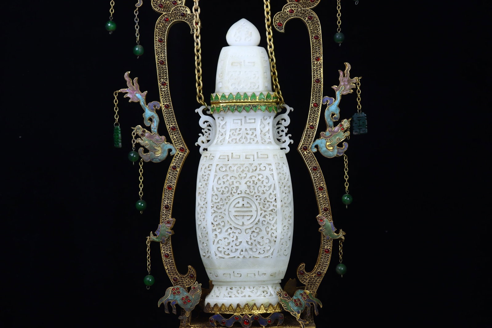 A Exquisite Hotan Jade Cloisonne Interlocking Branch Pattern Chain Vase - 8