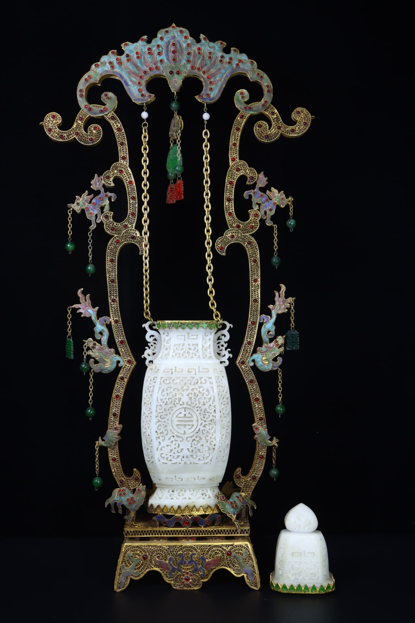 A Exquisite Hotan Jade Cloisonne Interlocking Branch Pattern Chain Vase - 9