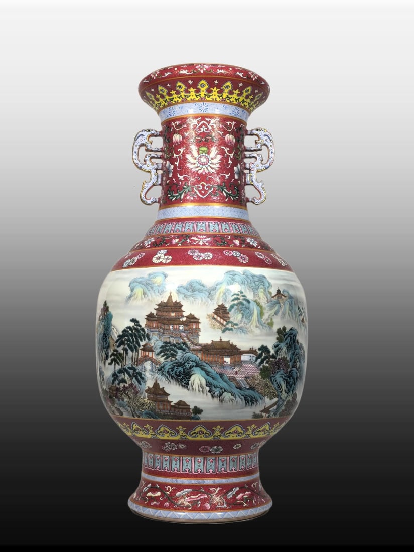 A Exquisite Famille-Rose Ruby Red-Glazed Landscape Pattern Dragon-Ears Vase (1 of 8)