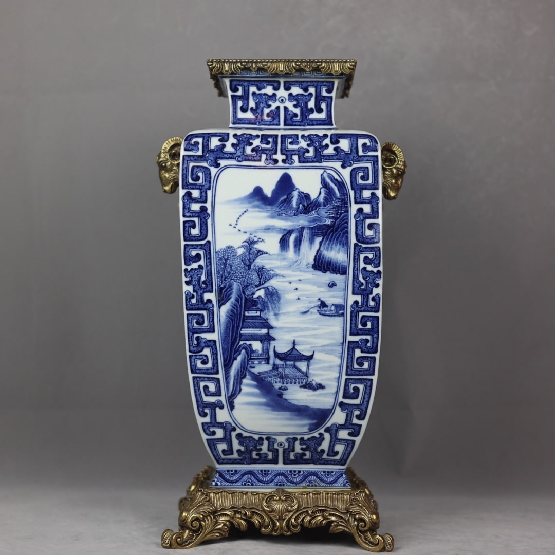 A Exquisite Blue and White Inlaid Copper Landscape Pattern Sheep-Ears Vase: A Exquisite Blue and White Inlaid Copper Landscape Pattern Sheep-Ears Vase,Qing Dynasty, China,Yongzheng Six-character Mark,Size:16.5inx5.1inx9.1inx7.9in 青花镶铜山૒