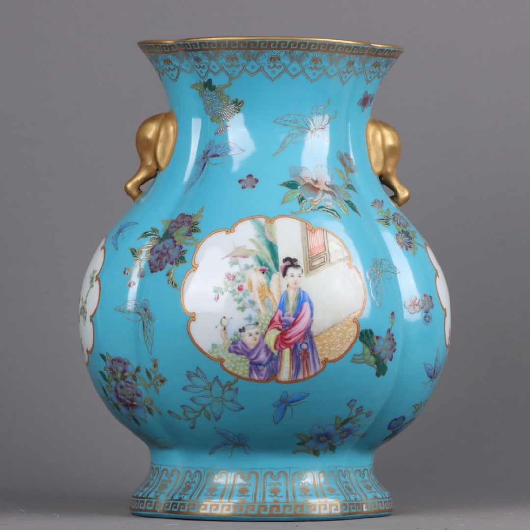 A Exquisite Enamel Gilt Character and Story Pattern Elephant-Ears Vase: A Exquisite Enamel Gilt Character and Story Pattern Elephant-Ears Vase,Qing Dynasty, China,Qianlong Four-character Mark,Size:13inx9.8in 珐琅彩鎏金人物故