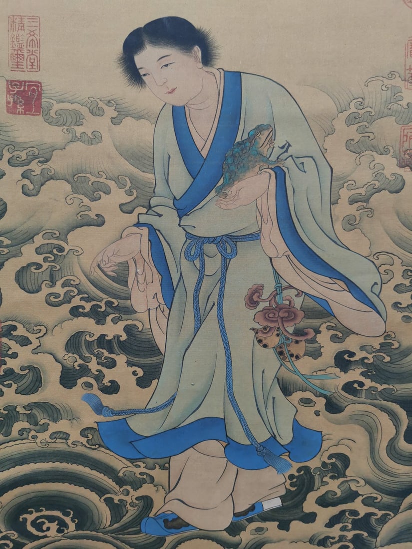 A Chinese Vertical Scroll Ink Painting of Figures on Silk - 5