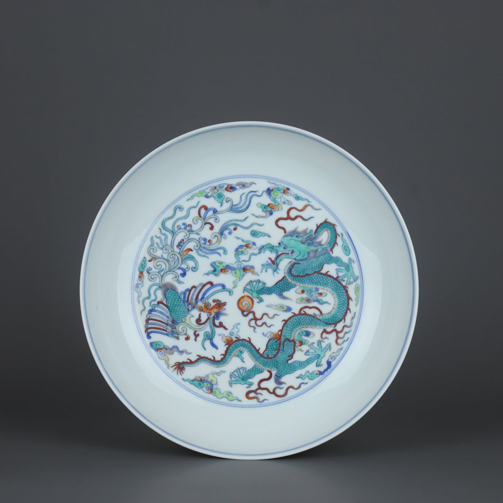 A Exquisite Doucai Dragon and Phoenix Pattern Plate: A Exquisite Doucai Dragon and Phoenix Pattern Plate,Qing Dynasty, China,Yongzheng Six-character Mark,Size:1.8inx8.4in 斗彩龙凤纹盘,中国清代,