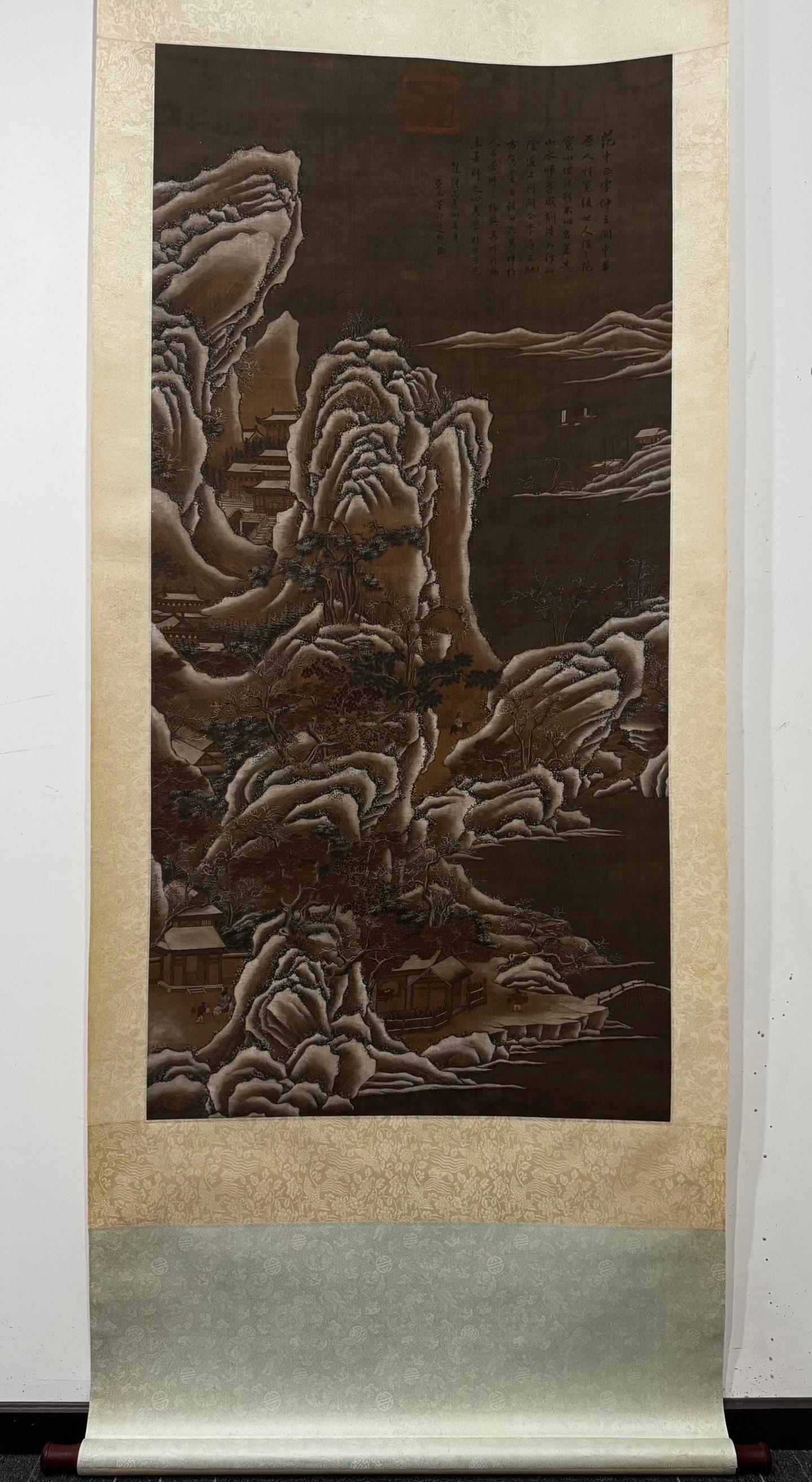 A Chinese Vertical Scroll Ink Painting of Landscape on Silk: A Chinese Vertical Scroll Ink Painting of Landscape on Silk,Qing Dynasty, China,Dong Bangda,without frame size:57.1inx28in 一幅中国水墨绢本山ĕ