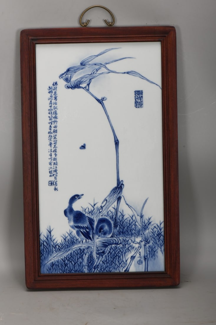 A Exquisite Blue and White Flower and Bird Porcelain Plate: A Exquisite Blue and White Flower and Bird Porcelain Plate,Republic of China,With Mark,Size:24.8inx14.6in 青花花鸟画瓷板,民国,带款