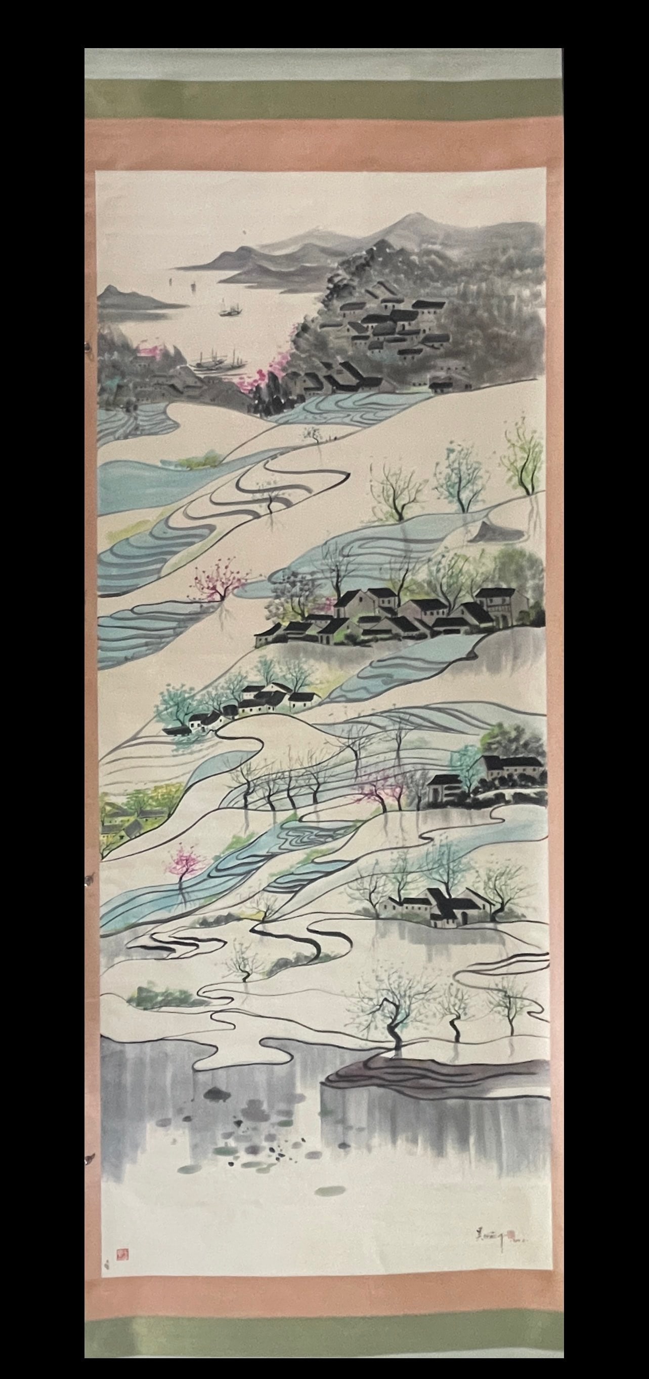 A Chinese Vertical Scroll Ink Painting of Landscape on Paper: A Chinese Vertical Scroll Ink Painting of Landscape on Paper,Modern Time of China,Wu Guanzhong,withoutframesize:55.1inx141.7in 一幅中国水墨纸本山&