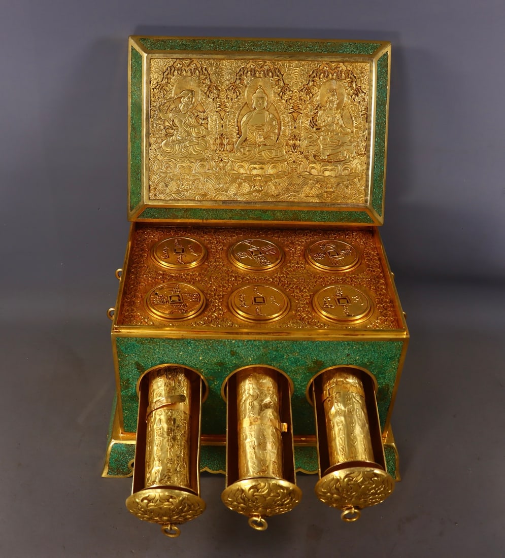 A Set of Exquisite Purple Copper Gilt Inlaid Turquoise Scripture: A Set of Exquisite Purple Copper Gilt Inlaid Turquoise Scripture,Qing Dynasty, China,Qianlong Four-character Mark,Size:9.8inx13.4inx10in(WoodBox),0.2inx2.4in(Coin),2.4inx42.1inx5.9in(Sutra),Weight:125