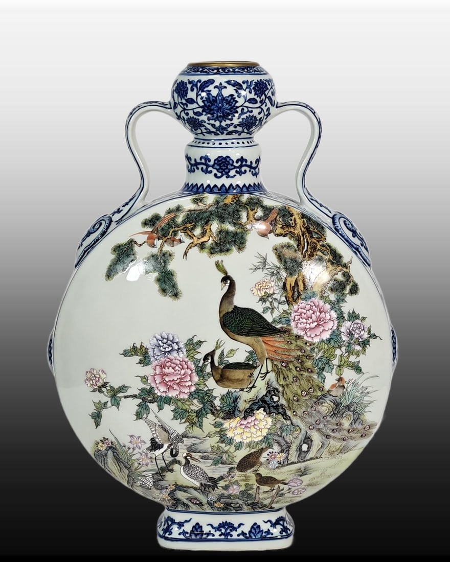 A Exquisite Blue and White Famille-Rose Flower and Bird Pattern Vase: A Exquisite Blue and White Famille-Rose Flower and Bird Pattern Vase,Qing Dynasty, China,Qianlong Six-character Mark,Size:16.3inx11.2in