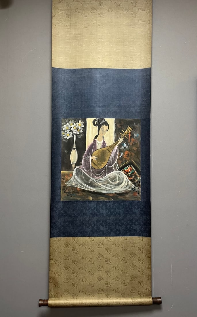 A Chinese Vertical Scroll Ink Painting of Figures on Paper: A Chinese Vertical Scroll Ink Painting of Figures on Paper,Modern Period of China,Lin Fengmian,without frame size:18.1inx17.3in