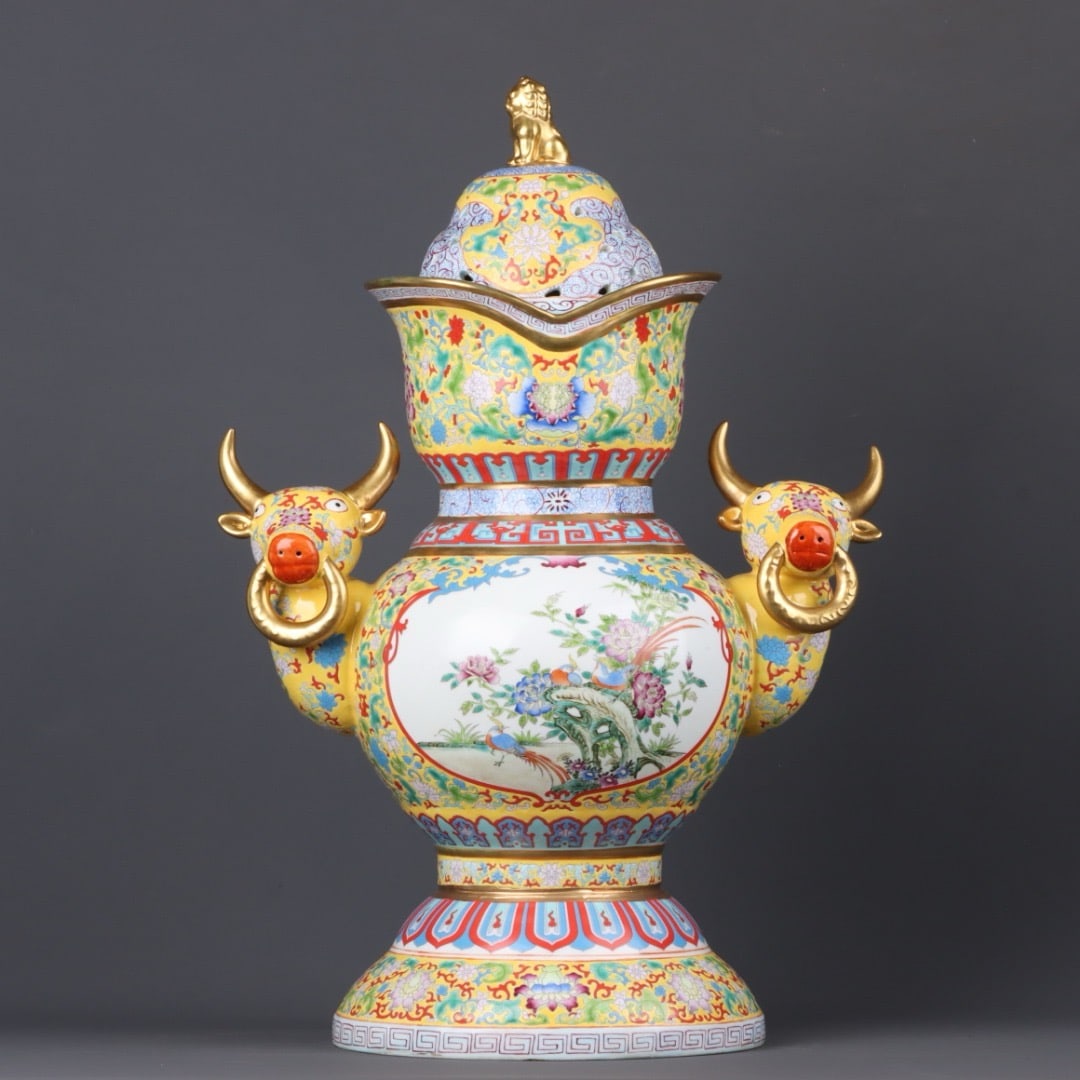 A Exquisite Enamel Gilt Flower and Bird Pattern Buffalo Head Vase: A Exquisite Enamel Gilt Flower and Bird Pattern Buffalo Head Vase,Qing Dynasty, China,Qianlong Four-character Mark,Size:21.7inx16.5in