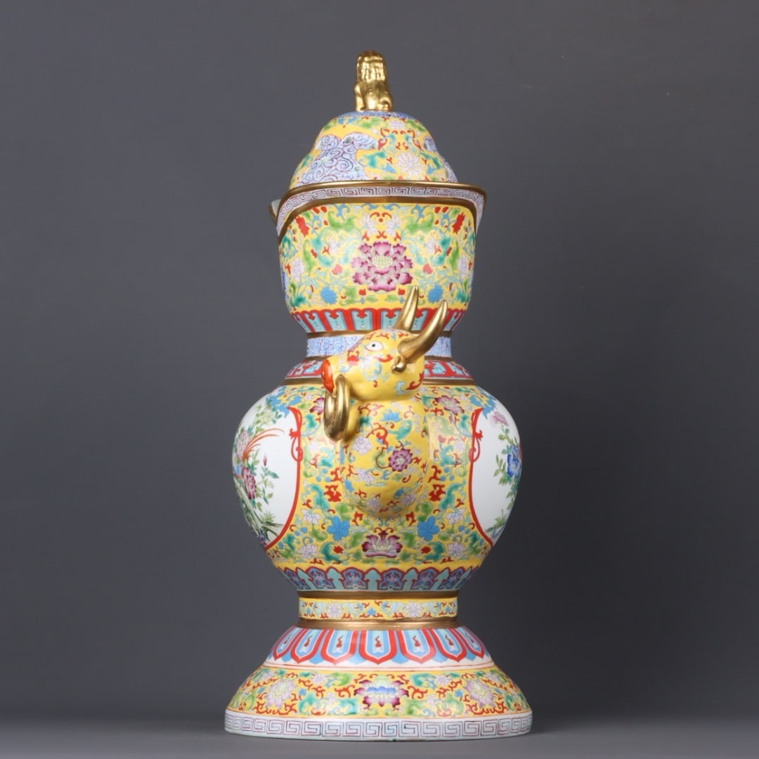 A Exquisite Enamel Gilt Flower and Bird Pattern Buffalo Head Vase - 2