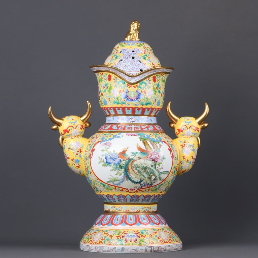 A Exquisite Enamel Gilt Flower and Bird Pattern Buffalo Head Vase - 3