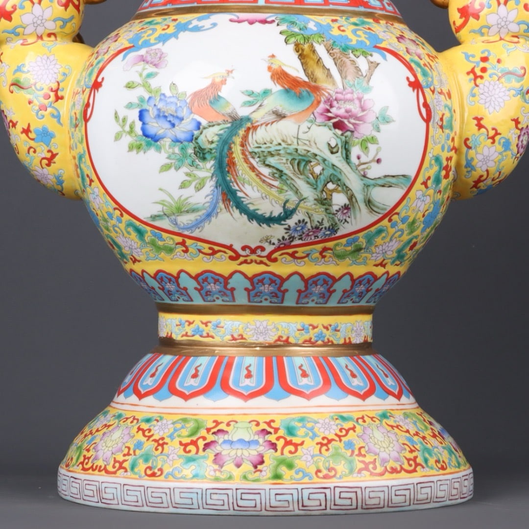 A Exquisite Enamel Gilt Flower and Bird Pattern Buffalo Head Vase - 6