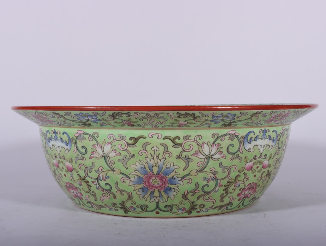 A Exquisite Famille-Rose Green Ground Lotus Figures Pattern Basin: A Exquisite Famille-Rose Green Ground Lotus Figures Pattern Basin,Qing Dynasty, China,Qianlong Six-character Mark,Size:4.5inx14.2inx8.7in