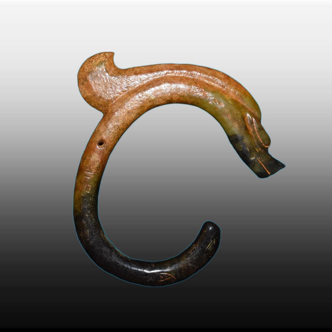 A Exquisite River Polished Jade Dragon: A Exquisite River Polished Jade Dragon,Ancient Time, China,Size:10.6inx9.8in,Weight:1180g 河磨玉龙,远古时期