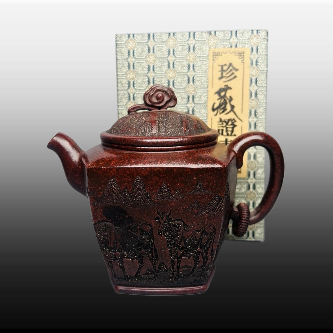 A Exquisite Purple Sands Buffalo Pattern Teapot: A Exquisite Purple Sands Buffalo Pattern Teapot,Republic of China,With Mark,Size:4.9inx4.7in 紫砂牛纹壶,民国,带款