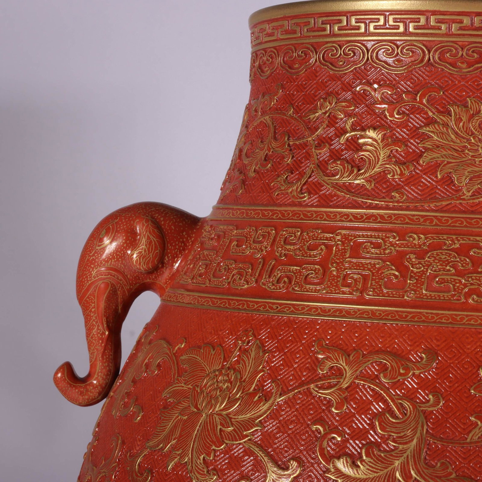A Exquisite Iron-Red Carved Painted Gold Lotus Pattern Elephant-Ears Vase - 2