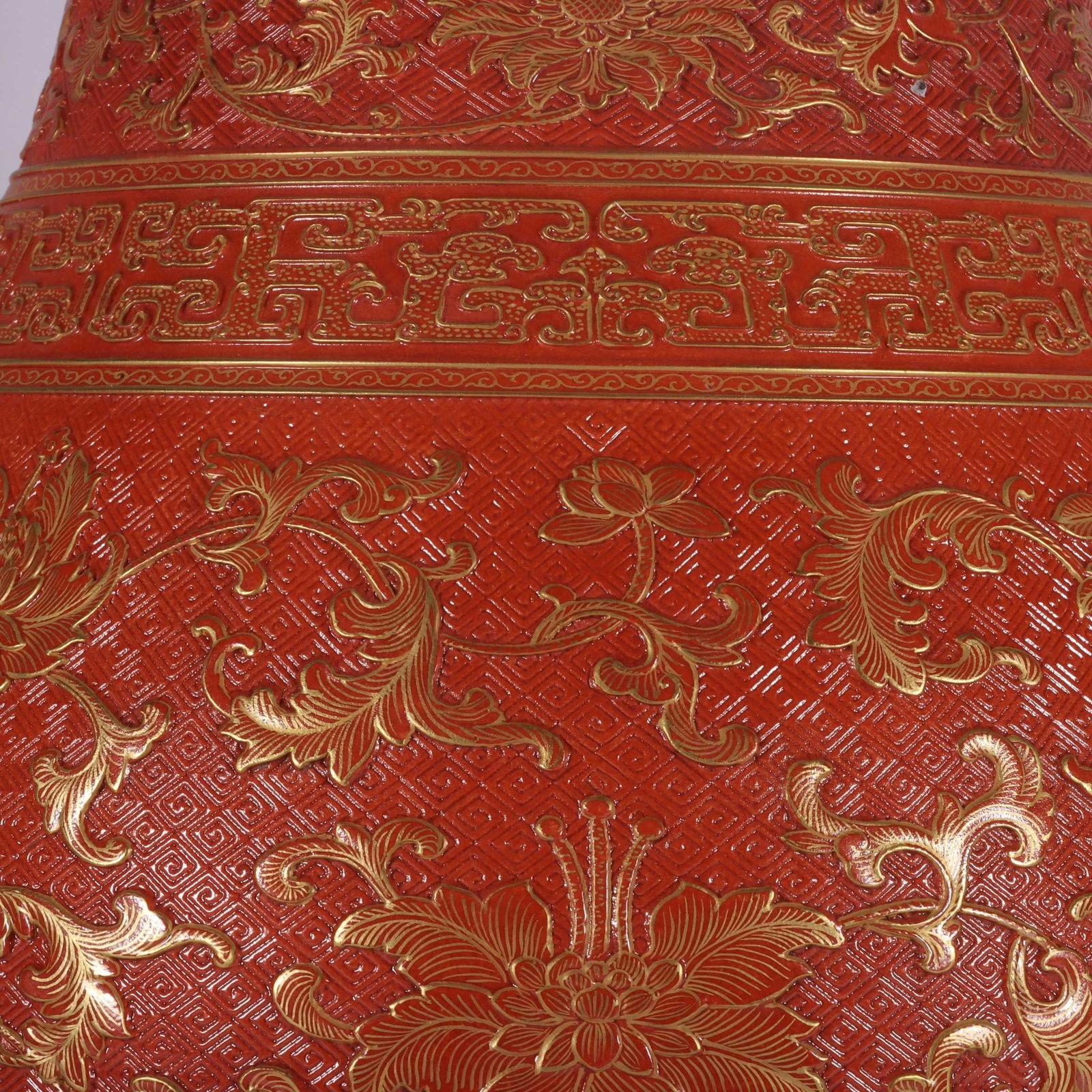 A Exquisite Iron-Red Carved Painted Gold Lotus Pattern Elephant-Ears Vase - 3