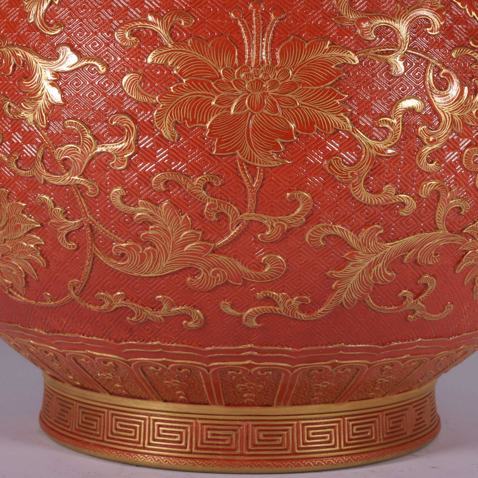A Exquisite Iron-Red Carved Painted Gold Lotus Pattern Elephant-Ears Vase - 4