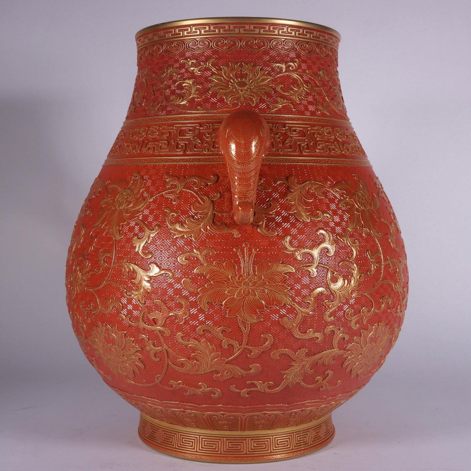 A Exquisite Iron-Red Carved Painted Gold Lotus Pattern Elephant-Ears Vase - 5