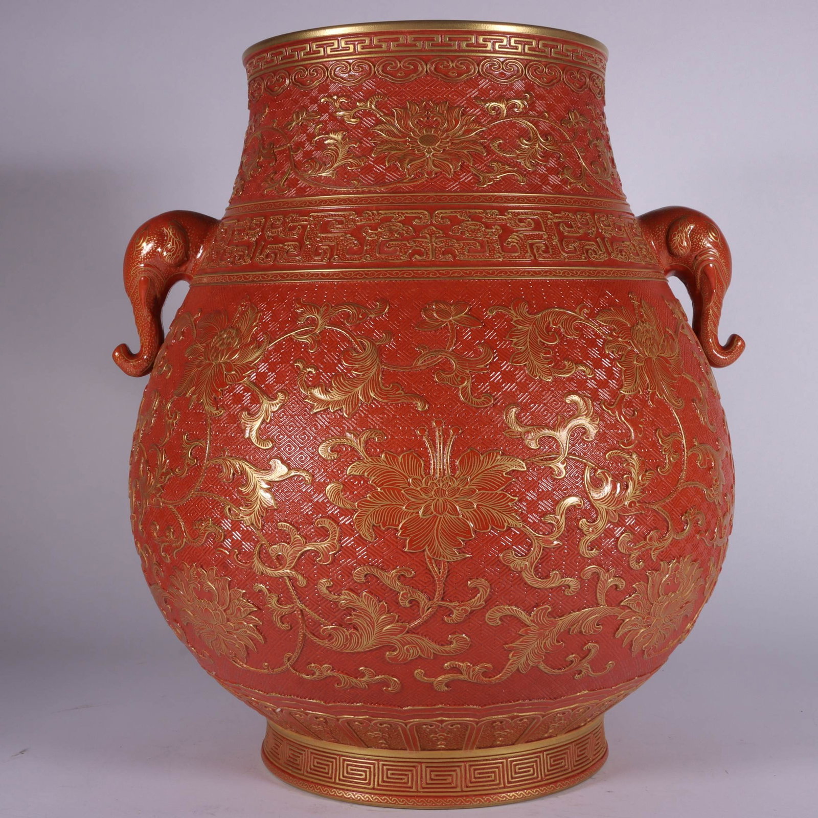 A Exquisite Iron-Red Carved Painted Gold Lotus Pattern Elephant-Ears Vase - 6
