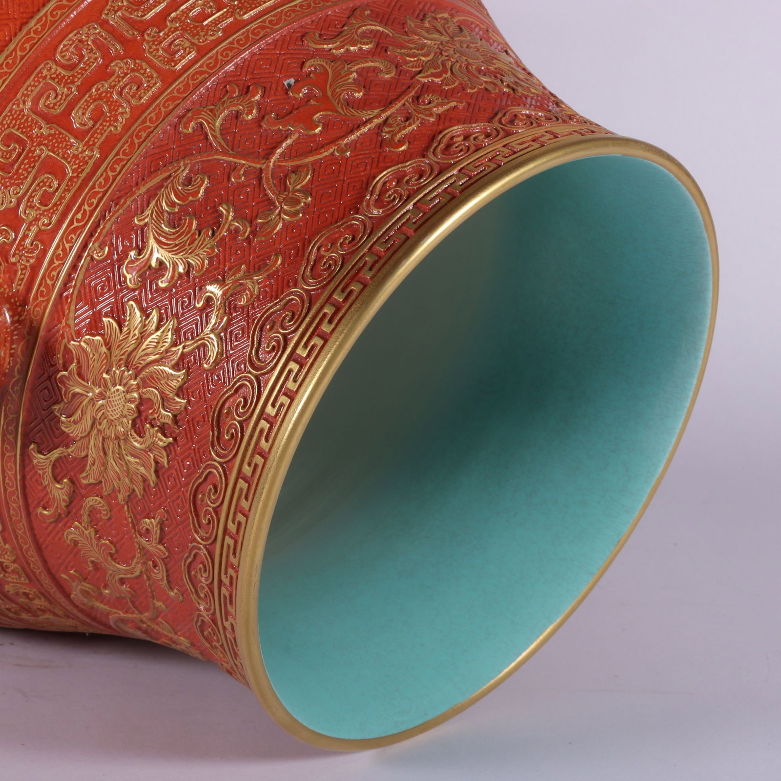 A Exquisite Iron-Red Carved Painted Gold Lotus Pattern Elephant-Ears Vase - 7