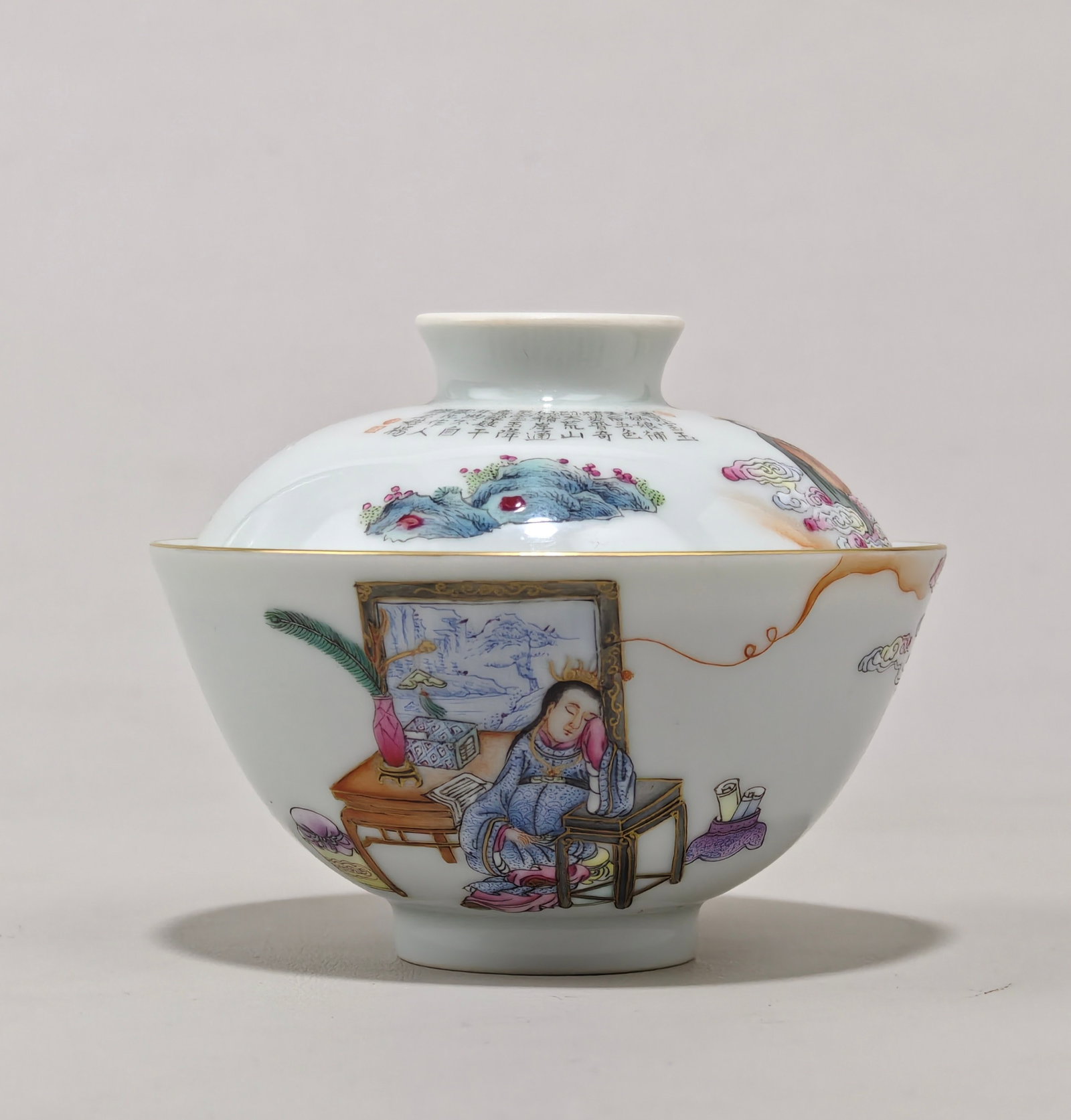A Exquisite Famille-Rose Painted Gold Character and Story Pattern Bowl: A Exquisite Famille-Rose Painted Gold Character and Story Pattern Bowl,Qing Dynasty, China,Daoguang Six-character Mark,Size:3.1inx3.8in 粉彩描金人物故事