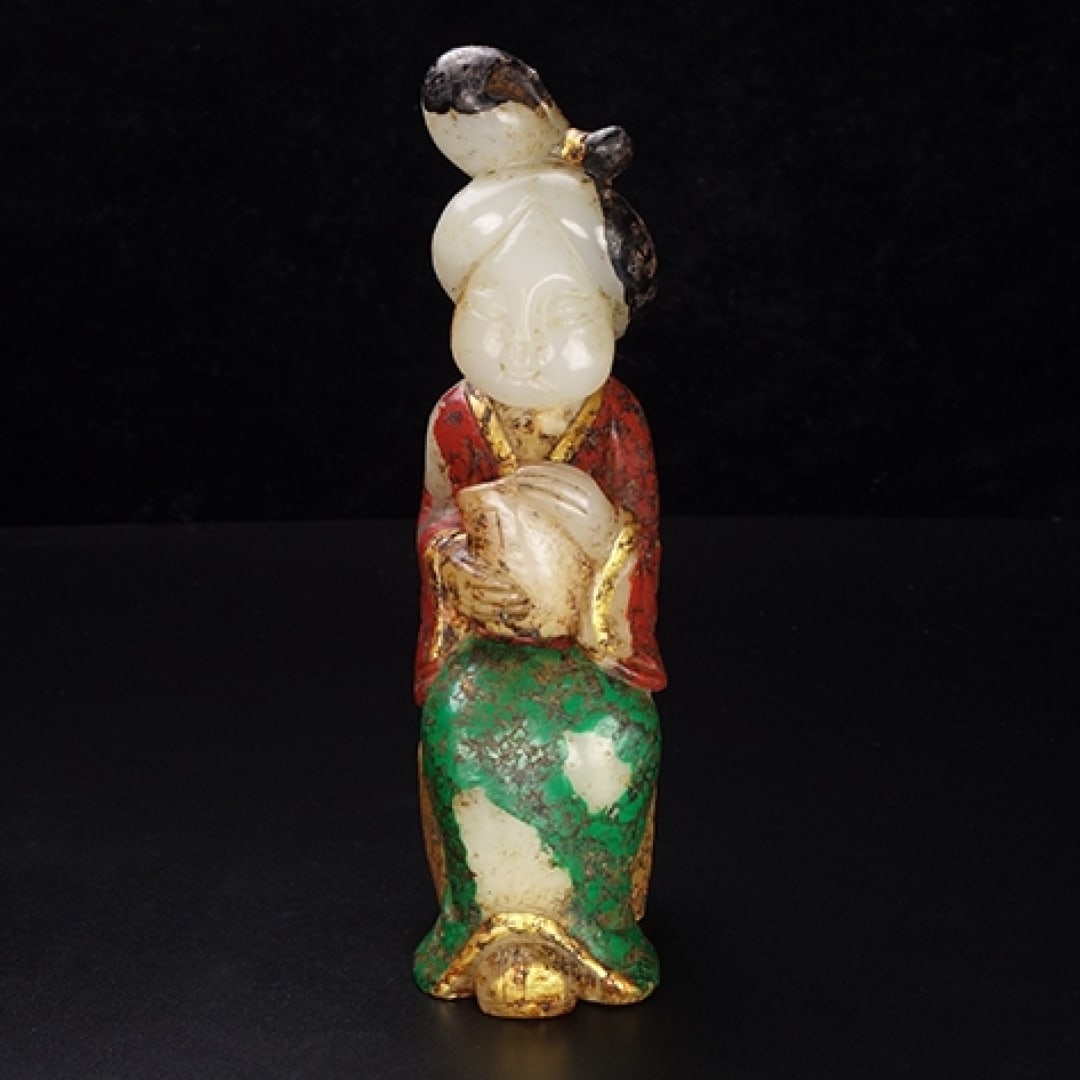 A Exquisite Gilt Bronze Inlaid Hotan Jade Painted Color Figures Ornament: A Exquisite Gilt Bronze Inlaid Hotan Jade Painted Color Figures Ornament,Han Dynasty, China,Size:2inx1.2inx5.1in ,Weight:301g 铜鎏金嵌和田玉彩绘&#