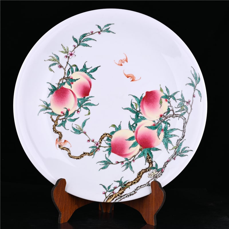 A Exquisite Famille-Rose Bats and Peach Pattern Plate: A Exquisite Famille-Rose Bats and Peach Pattern Plate,Qing Dynasty, China,Yongzheng Six-character Mark,Size:3.5inx20.3in 粉彩蝙蝠桃子纹盘,中ࢲ