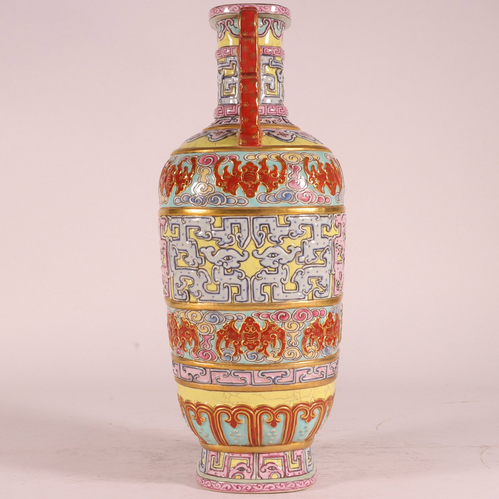 A Exquisite Enamel Carved Yellow Ground Painted Gold Bats Pattern Double-Ears Vase - 5