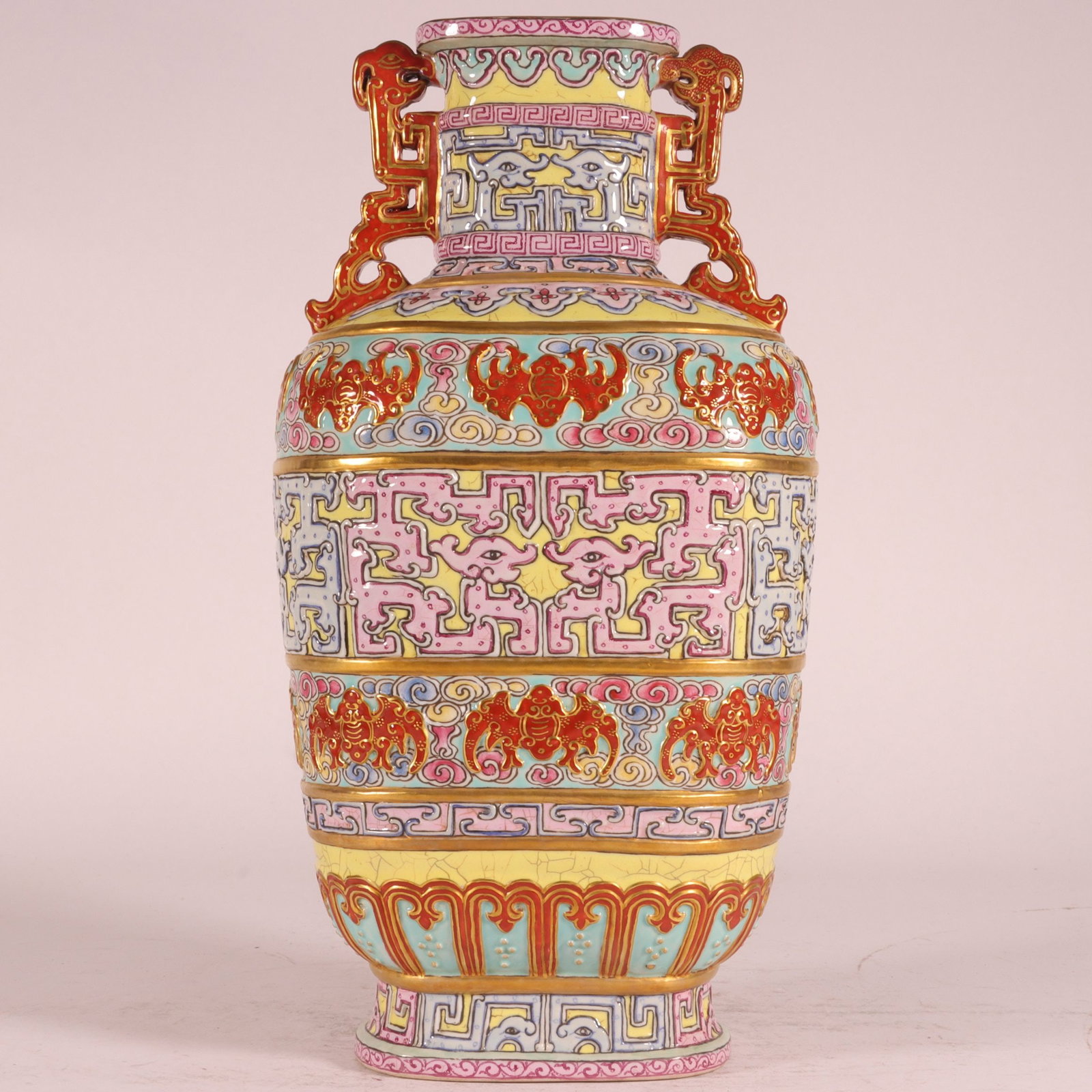 A Exquisite Enamel Carved Yellow Ground Painted Gold Bats Pattern Double-Ears Vase - 6