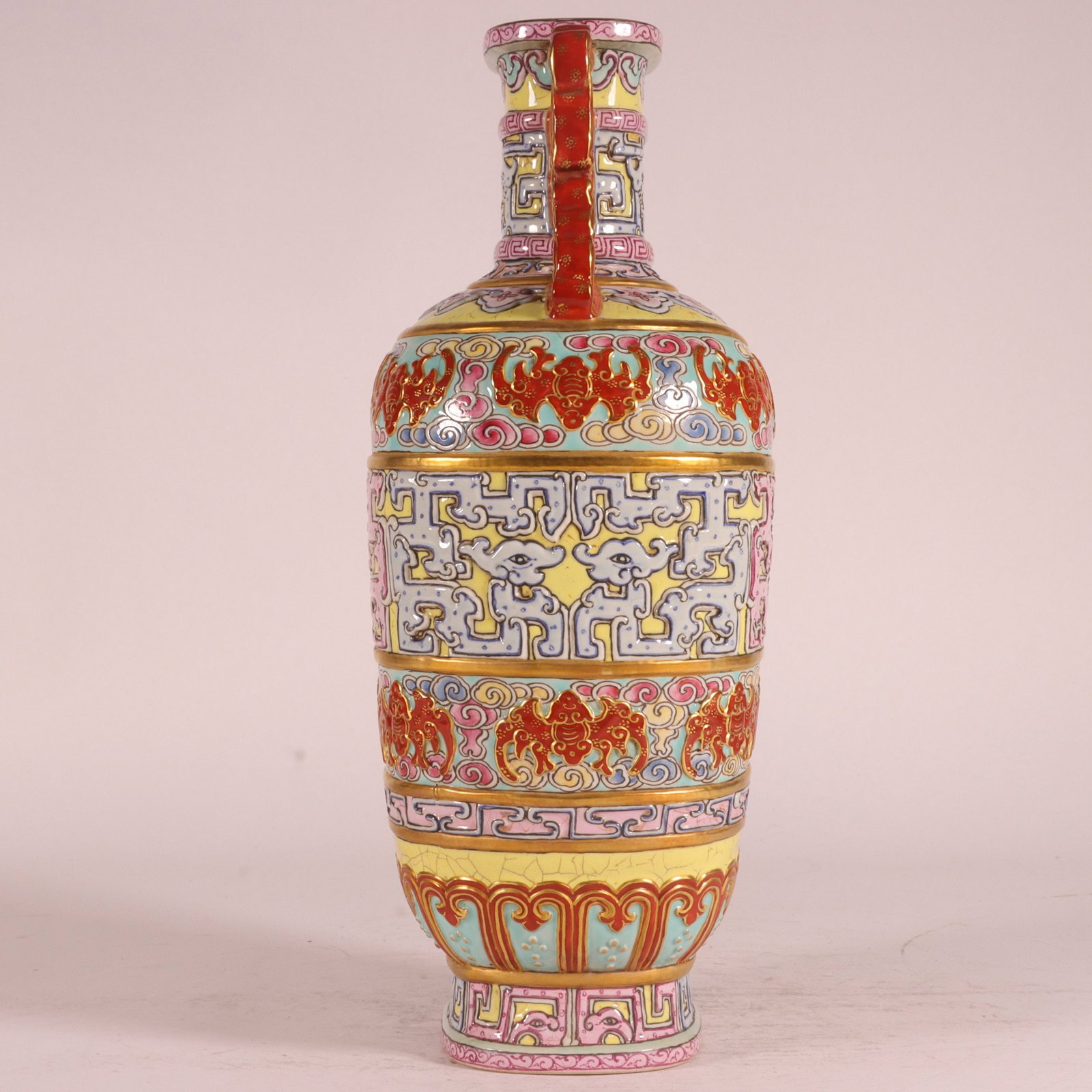 A Exquisite Enamel Carved Yellow Ground Painted Gold Bats Pattern Double-Ears Vase - 7