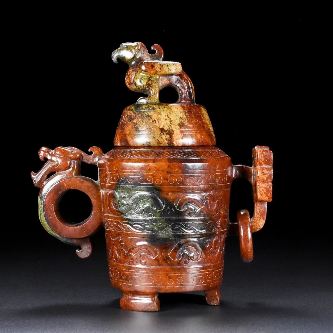 A Exquisite Hotan Jade Dragon Phoenix -Ears Censer: A Exquisite Hotan Jade Dragon Phoenix -Ears Censer,Han Dynasty, China,Size:7.1inx6.7inx3.5in ,Weight:689g 和田玉龙凤耳炉,中国汉代