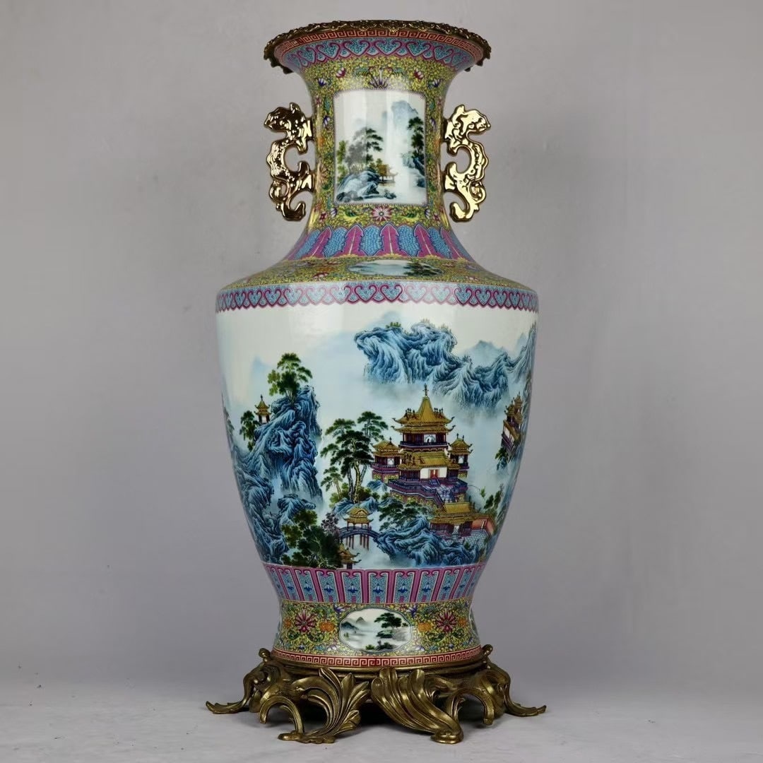 A Exquisite Famille-Rose Inlaid Copper Landscape Pattern Double-Ears Vase: A Exquisite Famille-Rose Inlaid Copper Landscape Pattern Double-Ears Vase,Qing Dynasty, China,Yongzheng Four-character Mark,Size:25.6inx8.7inx11.8inx12.8in 粉彩镶铜山