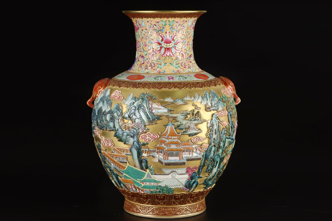 A Exquisite Enamel Gold Ground Painted Gold Landscape Pattern Lion-Ears Vase: A Exquisite Enamel Gold Ground Painted Gold Landscape Pattern Lion-Ears Vase,Qing Dynasty, China,Qianlong Six-character Mark,Size:20.9inx16.7in 珐琅彩金地描金