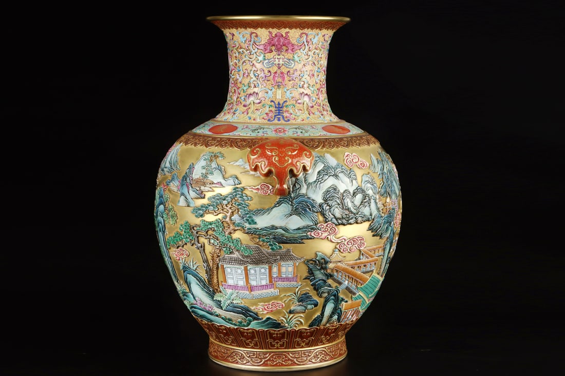A Exquisite Enamel Gold Ground Painted Gold Landscape Pattern Lion-Ears Vase - 2