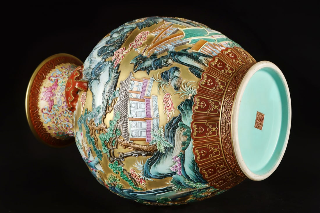 A Exquisite Enamel Gold Ground Painted Gold Landscape Pattern Lion-Ears Vase - 8