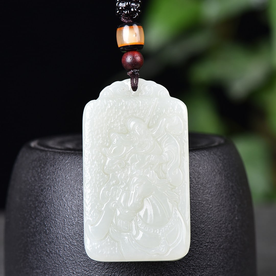 A Exquisite Hotan Jade Figures Pattern Pendant: A Exquisite Hotan Jade Figures Pattern Pendant,Size:1.3inx2.3in 和田玉关公牌