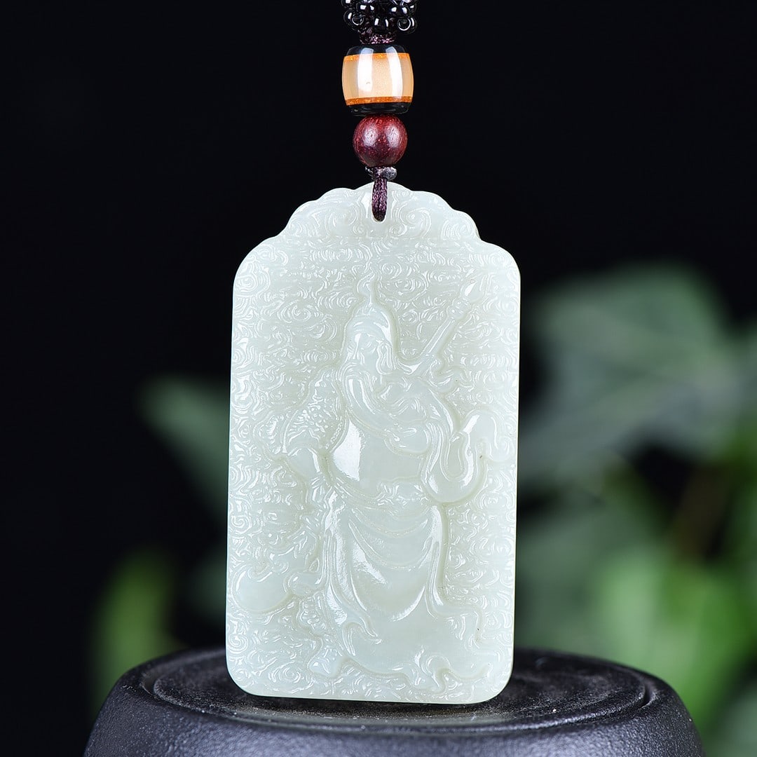 A Exquisite Hotan Jade Figures Pattern Pendant: A Exquisite Hotan Jade Figures Pattern Pendant,Size:1.3inx2.3in 和田玉关公吊坠
