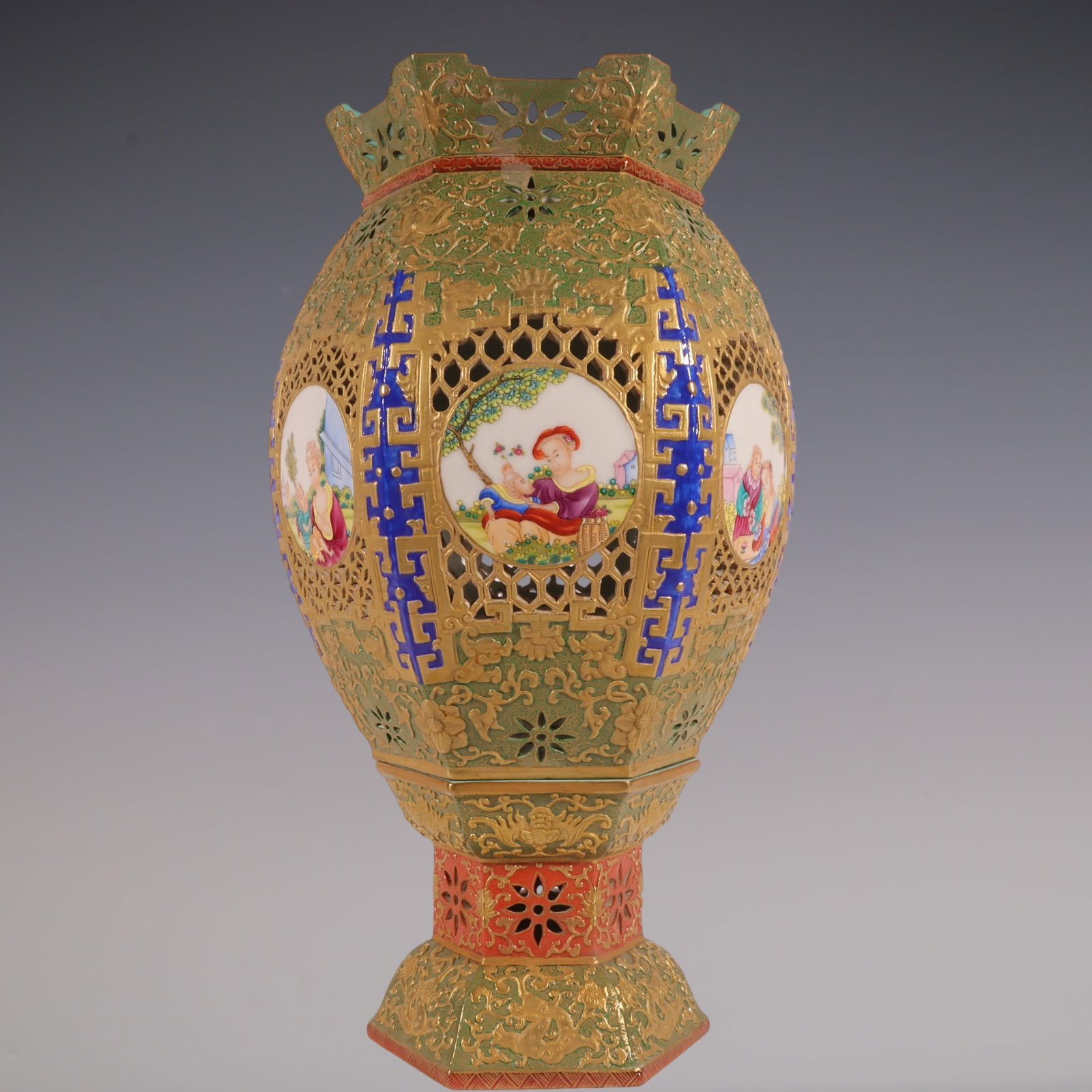 An Exquisite Enamel Green Ground Painted Gold Character and Story Pattern Lotus Pattern Vase: An Exquisite Enamel Green Ground Painted Gold Character and Story Pattern Lotus Pattern Vase Qing Dynasty, China Qianlong Six-character Mark Size:14.2inx7.1in珐琅彩绿地&#