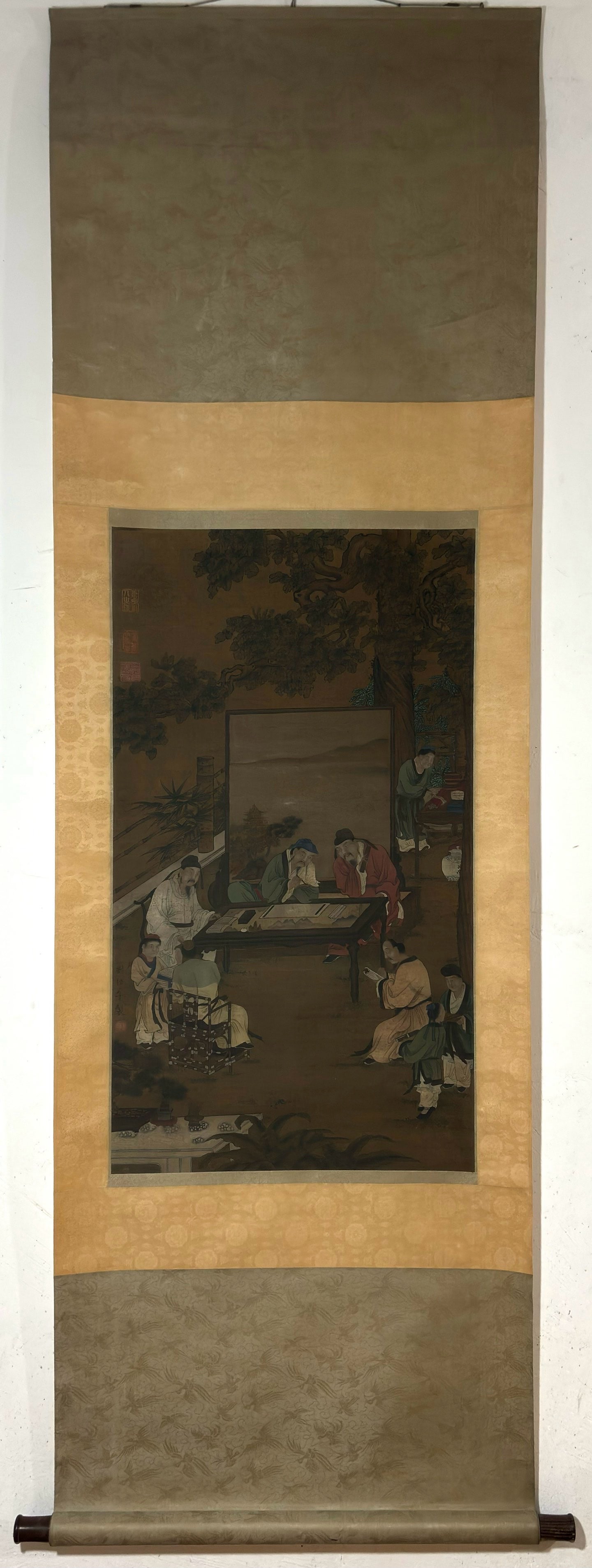 A Chinese Vertical Scroll Ink Painting of Character and Story on Silk: A Chinese Vertical Scroll Ink Painting of Character and Story on Silk Liu songnian Without frame Size:35.2inx19.9in刘松年人物图 绢本立轴With