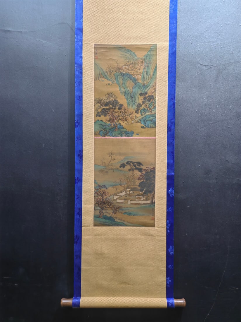 A Chinese Vertical Scroll Ink Painting of Landscape on Silk: A Chinese Vertical Scroll Ink Painting of Landscape on Silk Gu kaizhi Size:10.2inx14.8in顾恺之山水 绢本立轴Size:26cmx37.5cm