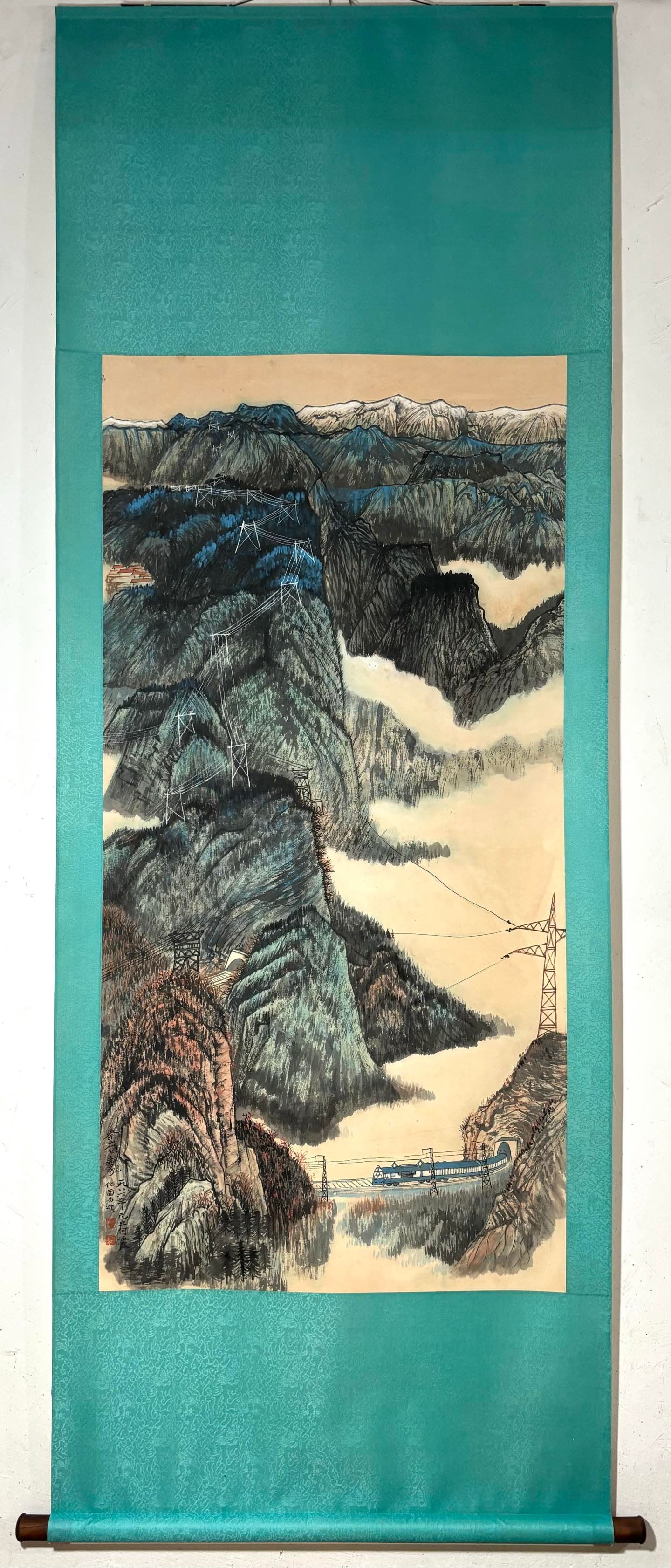 A Chinese Vertical Scroll Ink Painting of Landscape on Paper: A Chinese Vertical Scroll Ink Painting of Landscape on Paper He haixia Without frame Size:53.7inx26.8in何海霞山水图 纸本立轴Without frame Si